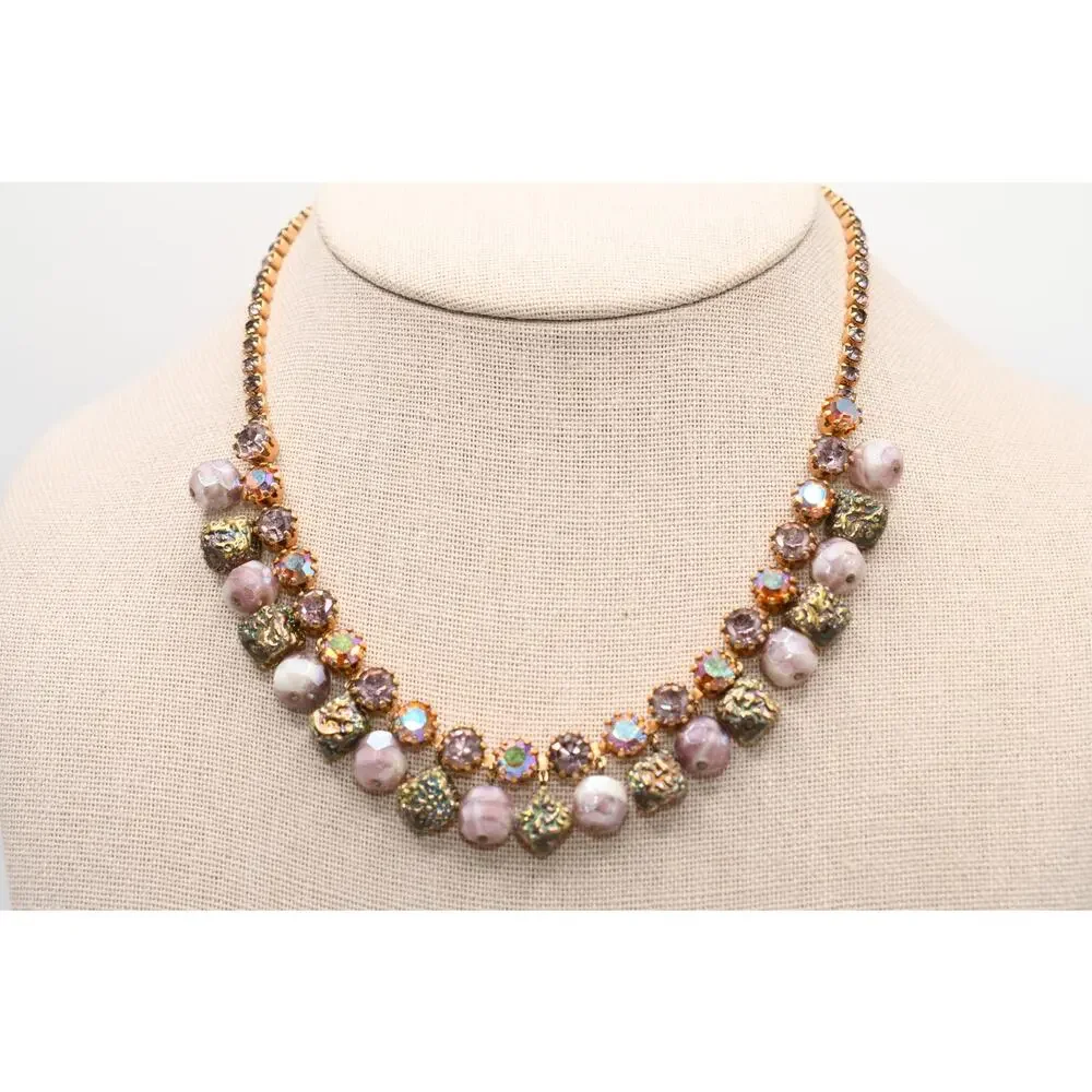 Vintage AB Rhinestone Art Glass Dangle Choker Necklace 15 Inch